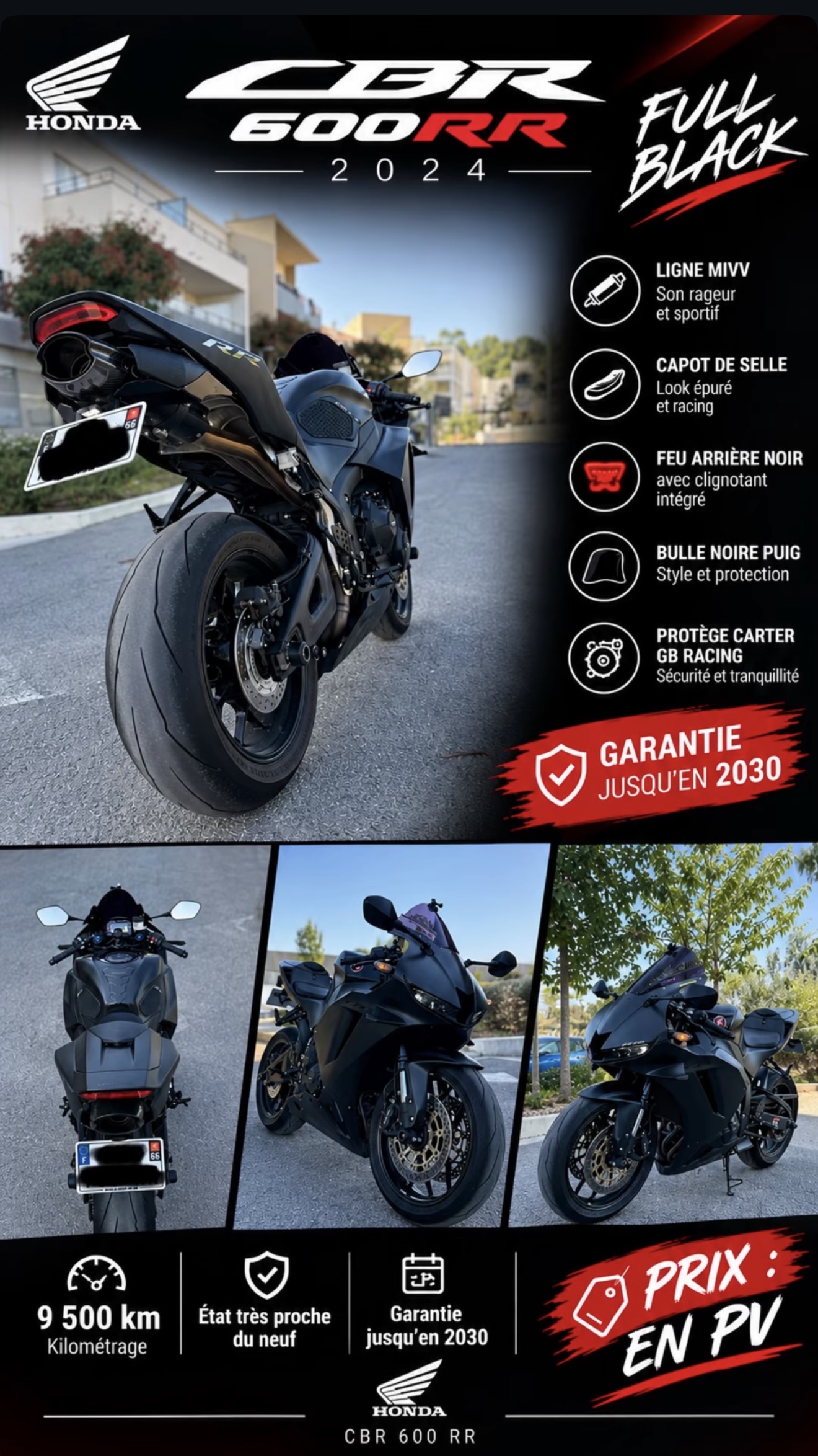 Honda CBR 600RR 2024 Full Black : vues avant et arrière, équipements, 9 500 km et garantie annoncée jusqu’en 2030